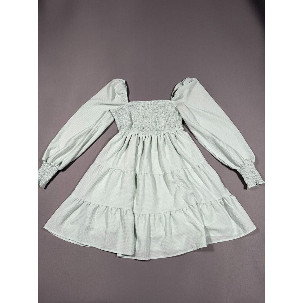Blu Pepper Mint Green Smocked Bodice Tiered Long Sleeve Babydoll Mini Dress Sz M